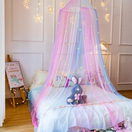 Wnqou Rainbow Bed Canopy with Glow in The Dark Stars,X-Large Princess Rainbow Bed Curtains Mosquito Netting for Girls Bedroom,Kids Fairy Dream Play Hanging Canopy Tent for Room