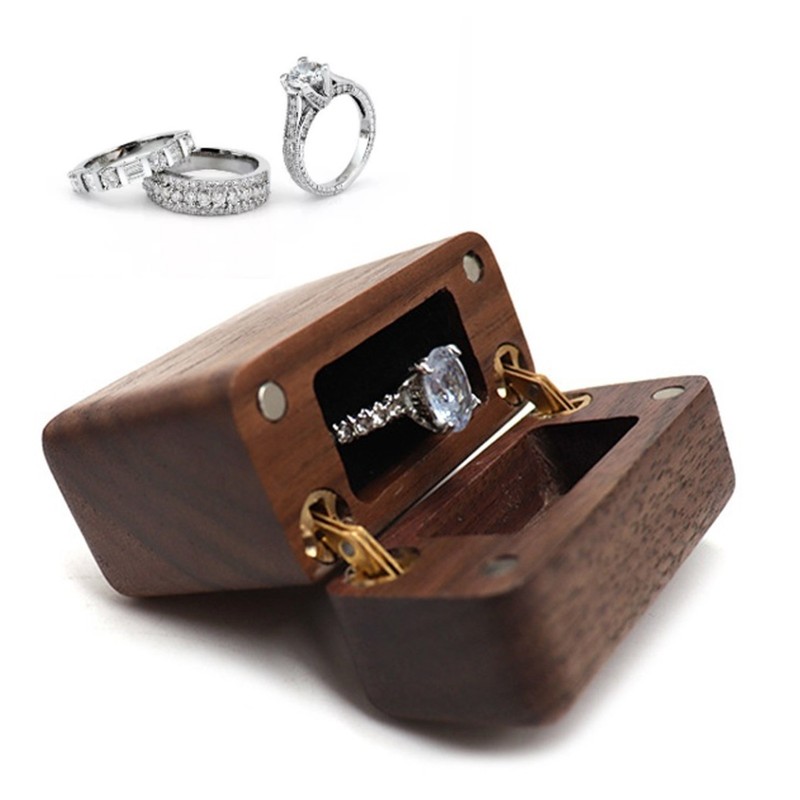 Ring Box Walnut Magnetic Cover Inlay Fleece Portable Wooden Wedding