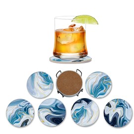 Teal Marble Pattern Coasters for Drinks, Set of 6 Absorbent Ceramic Stone Coasters with Cork Base for Tabletop Protection, 4 Inch Round Drink Coasters with Holder for Organization