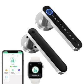 Fingerprint Handle Door Lock Smart Door Lock Levers eLinkSmart Keyless Entry Door Knob for Bedroom Front Door Bluetooth App Phone iOS Watch Silver
