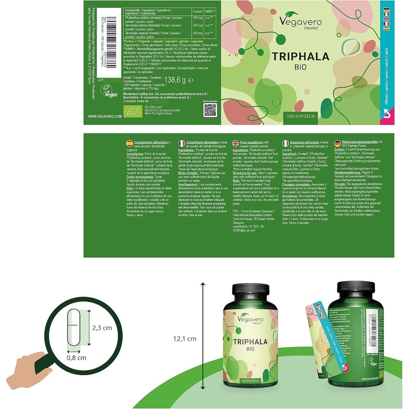 Vegavero Organic Triphala Powder 1300 mg | 180 Capsules (3-Month