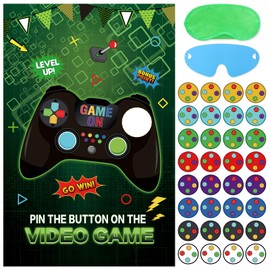Eaezerav Pin The Button on The Video Game Party Game - 32 Button Stickers, Large Poster - Birthday Party Decoration for Kids