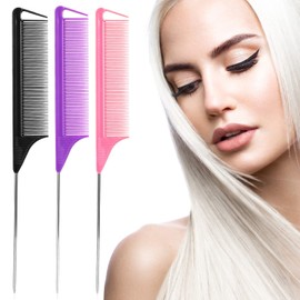 Kunihiko Rat Tail Combs Set: 3Pcs Long Steel Pin Teasing Combs for Salon Hair Stylists, Metal Parting Combs for Women (Purple, Black, Pink)