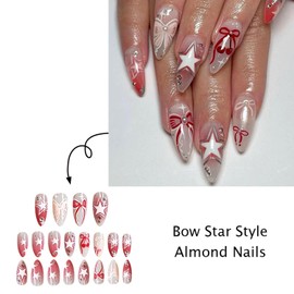 Independence Day Press on Nails Almond Medium Fake Nails Bow Star Design Design Glossy Full Cover Reusable False Nails for Holidays Party Decoration 4th of July Finger Manicure Kit, 24Pcs