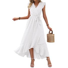 BTFBM Women V Neck Summer Dress 2025 Cap Sleeve Swiss Dot Boho Flowy Ruffle Slit Beach Party Long Maxi Cocktail Dresses(White, X-Large)