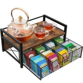 BCOZLUX Tea Bag Organizer, Wooden Tea Organizers and Storage Box with Drawer, Teabag Holder and Display Caddy for Countertop, Tea Station Chest Organizer (Rustic Brown)