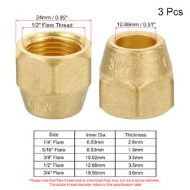 sourcing map Pack of 3 Brass Flaring Caps, 1/2 Inch Flaring Socket, Union Nut, Adapter for HVAC Air Conditioners