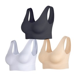 JEMINAY Women's Wireless Sleep Bras Unpadded Seamless Comfort Bras Throw-on Wirefree Bralettes 3 Pack,Black+Beige+White,3XL