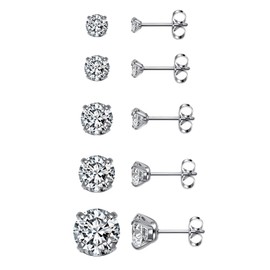 JSDDE 5 Pairs Round Cubic Zirconia Stud Earrings Stainless Steel Silver Cartilage Studs Earrings for Women Men Girls Gift 3mm-8mm