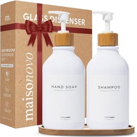 MaisoNovo Soap Dispensers 3-Piece Set|Bathroom Soap Dispenser|Kitchen Soap Dispenser Set|16.9oz Set of 2 with Tray Bamboo Bottle Glass Hand