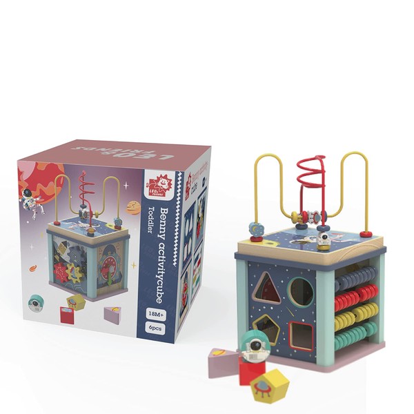 Leo & Friends Benny Toddler Wooden Activity Cube, 6-Piece Educational