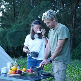 Bulin Camping Cookware Mess Kit, Backpack Portable Campfire Cooking Pots Pans Kettle Set, Lightweight Durable Cook Gear for Open Fire Hiking, Outdoor (BPA Free Bowls, Plates), 7 PCS