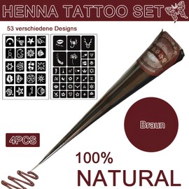 Henna Tattoo Set - 4 x Brown Paste with 53 Stencils, Henna Brown Freckles, for Temporary Tattoos