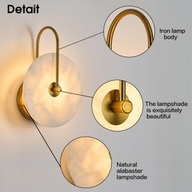Fanyank Round Alabaster Wall Sconce, Natural Marble Lampshade Wall Sconce, Hardwired Circular Sconce LED Modern Wall Lamp for Bedroom, Stairs, Living Room, Bedside, Hallway 9.84 Inch Gold