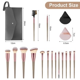 Vicloon Makeup Brushes, 15Pcs Professional Makeup Brushes Set with PU Leather Bag, 2pcs powder puff (cosmetics), Premium Synthetic Foundation Face Powder Concealers Eyeshadow Blush, Comfortable-Coffee