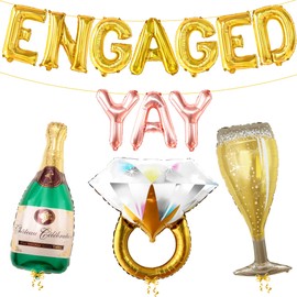 Engagement Party Decorations Set – Gold “Happy Engagement” Banner with Ring & Champagne Balloons, Triangle Pennant, Heart Foils, Confetti Balloons – Romantic Décor Kit for Indoor or Outdoor