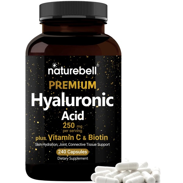 NatureBell Hyaluronic Acid Supplements 250mg | 240 Capsules, with Biotin 5000mcg & Vitamin C 25mg, 3 in 1 Support - Skin Hydration, Joint Lubrication, Hair and Eye Health