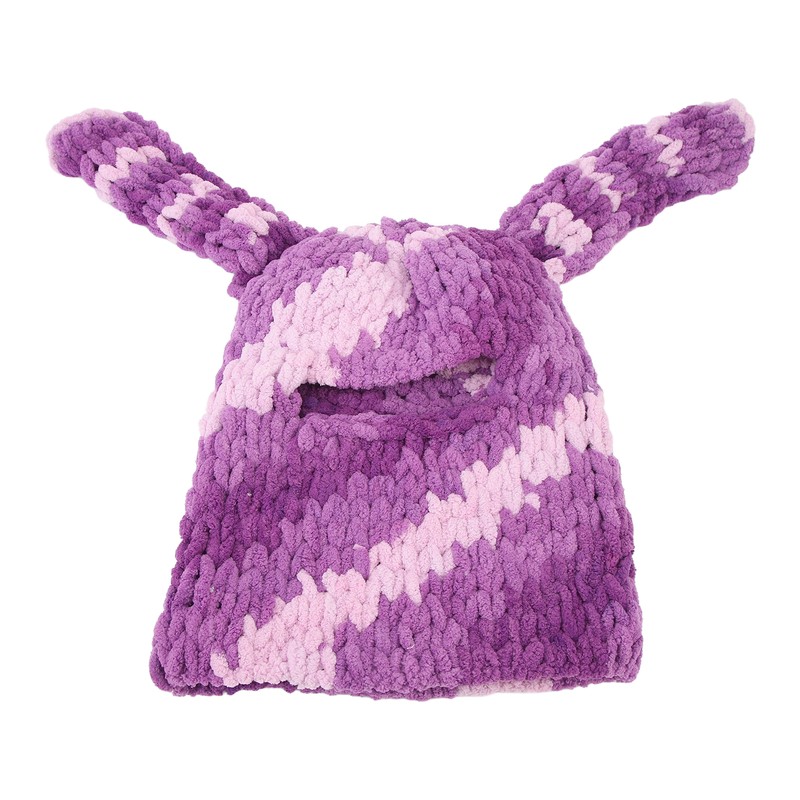 Bunny Ear Knitted Hat Purple Warm Windproof Thicken Stretchy Stylish