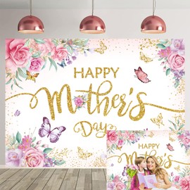 Happy Mother's Day Backdrop Pink Floral Mother's Day Photography Background I Love Mom Women Queen's Day Banner Mothers Day Party Decor Backdrop (7x5FT: 84x60 inch)