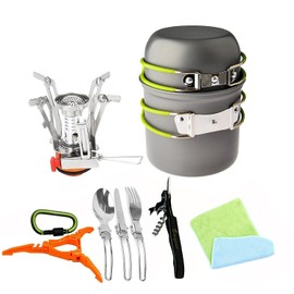 Bisgear 12pcs Camping Cookware Stove Canister Stand Tripod Folding Spork Wine Opener Carabiner Set Outdoor Camping Hiking Backpacking Non-Stick Cooking Non-Stick Picnic Knife Spoon Dishcloth