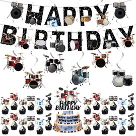 Drum Party Supplies Music Drum Birthday Party Decorations Includes Drums 1 Happy Birthday Banner 1Cake Topper 25 Cupcake Toppers 6 Hanging Swirls for Drummers Birthday Party Baby Shower Decorations