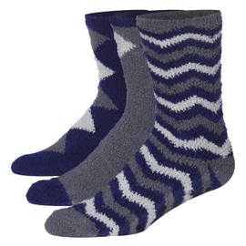 JAMES FIALLO Men's 3-Pairs Bed Socks For Elderly Blue Grey Argyle Accents Zigzags Patterned Or Solid Anti-Skid Soft Fuzzy Crew Socks, MZ02-A-T1