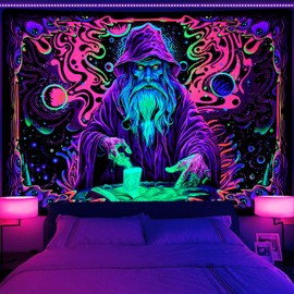 Uspring Blacklight Tapestry Trippy Wizard Tapestry for Bedroom UV Reactive Tapestries Magic Eyes Tapestry Neon Starry Wall Tapestry Hanging for Home Dorm Decor (51.2 x 59.1inches)
