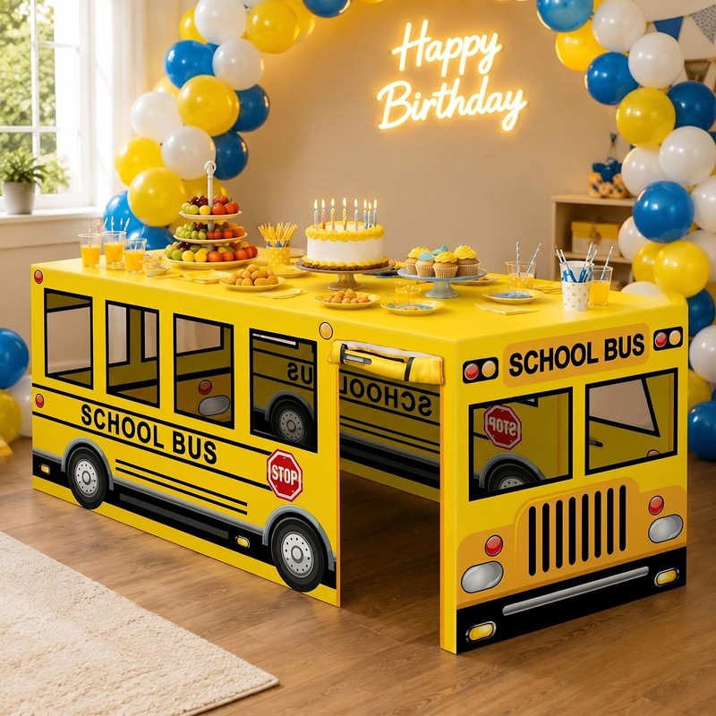 6ft School Bus Birthday Party Playhouse Tablecloth Large Bus Themed