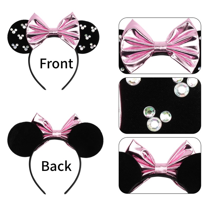 bianbaistar Black Velvet Mouse Ears Headband, Metallic Pink Bow &