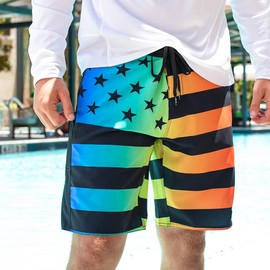 S A Company Men's 4-Way Stretch Board Shorts | Neon Flag| Size 32