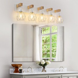 Farmhouse Vanity Light for Bathroom, 5-Light White Wood Bathroom Vanity Light Fixtures Over Mirror, Rustic Sconces Wall Lighting with Metal Lampshade for Living Room, Bedroom, Hallway