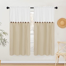 FRAMICS Farmhouse Cotton Linen Curtains for Living Room, Boho Button Curtains 63 inch Length, Rustic Country Linen Window Curtains for Bedroom, Rod Pocket Drapes, 52 x 63 Inch, White and Linen