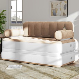 GOOBED 2-in-1 Air Sofa Bed with Headboard & External Pump, Queen Size Convertible Blow Up Couch for Camping, Home Use, and Guest Accommodations, Brown