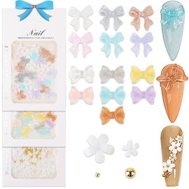Sitengle Nail Parts, Ribbon, Flowers, Set of 3, 3D, 3D, Bowknot, Flower Parts, Cute, Nail Art, Nail Charm, Nail Decoration, Decoration (Set A)
