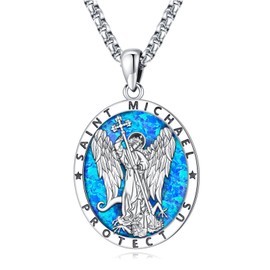 St Michael Necklace for Men Women Sterling Silver 925 Saint Michael Pendant Blue Fire Opal St. Michael the Archangel Jewelry St Michael Medal San Miguel Arcangel Medalla Necklaces Gifts