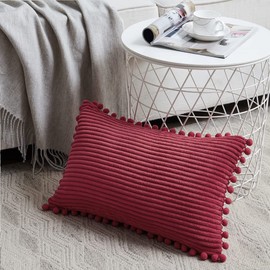 Fancy Homi 2 Packs Burgundy Lumar Decorative Throw Pillow Covers 12x20 Inch with Pom poms, Christmas Home Decor, Soft Corduroy Accent Rectangle Cushion Case for Living Room Couch Bed Sofa