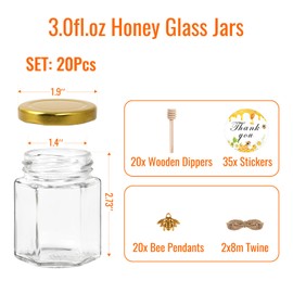 BIGIVACA 3 oz Hexagon Mini Glass Honey Jars with Wood Dippers,20 Pack Small Honey Jars with Gold Lids,Bee Pendants,Jutes,35 Bee Stickers,Perfect for Baby Shower,Wedding Favors,Party Favors