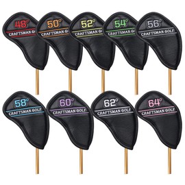 CRAFTSMAN Golf Wedge Cover, Iron Cover, Headcover, 9 Piece Set (48°, 50°, 52°, 54°, 56°, 58°, 60°, 62°, 64°), Colorful Numeral Embroidery, Velcro Closure, Synthetic Leather, Black