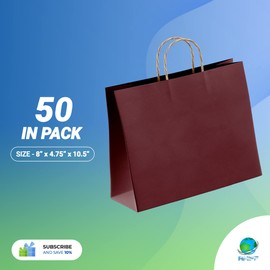 Paper Shopping Bags 8 x 4.75 x 10.5 Violet paper bags 8 x 4 3/4 x 10 1/2 by Amiff. Pack of 50 Purple Retail bags. Kraft carrier bags with handles for Shopping, Merchandise, Grocery. Strong, Reusable.