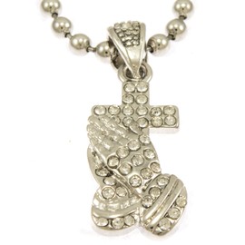 Hot New Silver Tone Praying Hands with Cross Pendant Mini Pave Cz Stones Necklace Free 30" Ball Chain