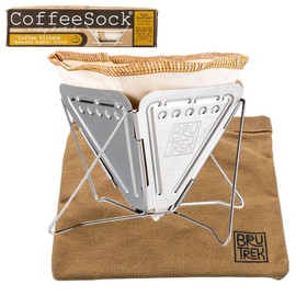 BruTrek Collapsible Pour Over Camping Coffee Maker - Stainless Steel Travel Brewing Kit, Reusable Cotton CoffeeSock Filters, Canvas Pouch Carrying Bag, Compact Packable Lightweight Design
