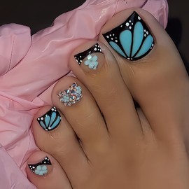 24Pcs Black French Tip Press on Toenails Short Square Toenail Press ons Nude Fake Toe Nails 3D Blue Flower Rhinestones Design Glossy Glue on Toe Nails Stick on Toenails for Women Decorations Set