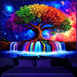 Simpkeely Blacklight Tree of Life Tapestry – UV Reactive Fantasy Colorful Rainbow Waterfall Wall Hanging, Glow in the Dark Galaxy Nature Poster for Bedroom, Living Room, Dorm – 59.1" x 80"