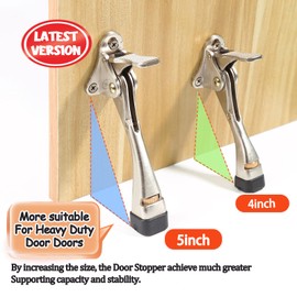 Kickdown Door Stopper 5 Inches - 2 Packs One Touch Adjustable Height Door Stop for The Bottom of Door Aluminum Alloy Metal Door Stopper with Rubber Tip & Wall Protectors for Wide Doors White