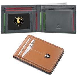 GSOIAX Men's Slim Wallet Leather Carbon Fiber RFID Blocking Simple Front Pocket Bifold Men's Wallet with ID Window - Color: Brown and gray