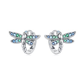 CYMYSS 925 Sterling Silver Hoop Earrings for Women, Small Trendy Hoops Sparkly Cubic Zirconia Hypoallergenic Huggie Earrings Statement Fashion Jewelry Gifts for Sensitive Ears - Green & Blue Dragonfly
