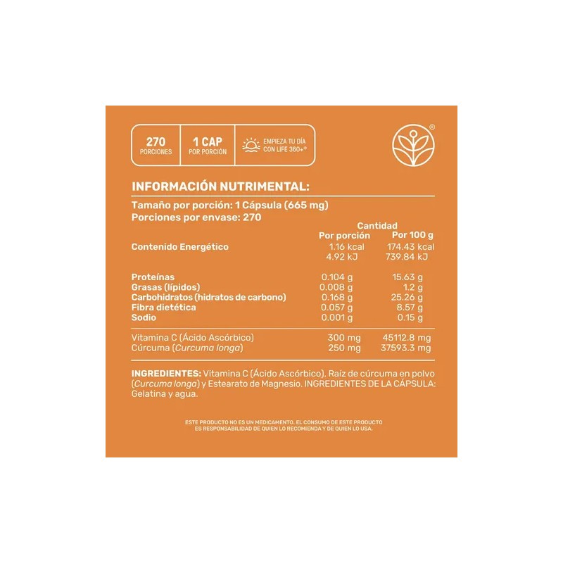 Vitamina C Life360+ Vit C+ Turmeric 270 Cápsulas Cúrcuma Sabor