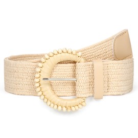 Straw Woven Elastic Belt for Women Stretchy Belts for Dress Fashion Boho Waist Belt Rattan Raffia Ladies Belts,half round buckle khaki 29"