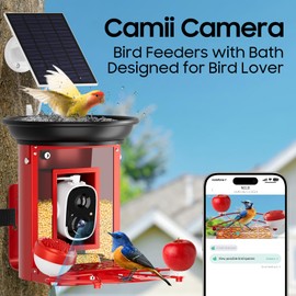 Camii Metal Bird Feeder with Camera,Smart Bird Feeder with 2K HD Camera Bird Feeder Species Identified Solar-Powered Auto Capture Bird Motion Detection for Video Bird Feeders Camera Live with Bath