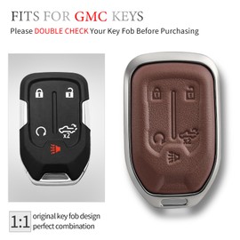 OFFCURVE Compatible with GMC Key Fob Cover Key Fob Case for Chevy Suburban Tahoe Terrain Acadia Yukon Silverado GMC Sierra 1500 2500HD 3500HD Car Accessories Smart Key Protector, Brown